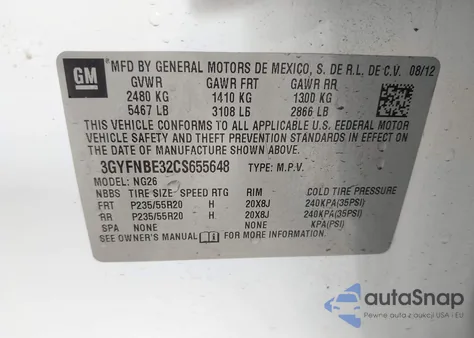 2012 Cadillac Srx Performance Collection from USA, damaged, VIN 3GYFNBE32CS655648